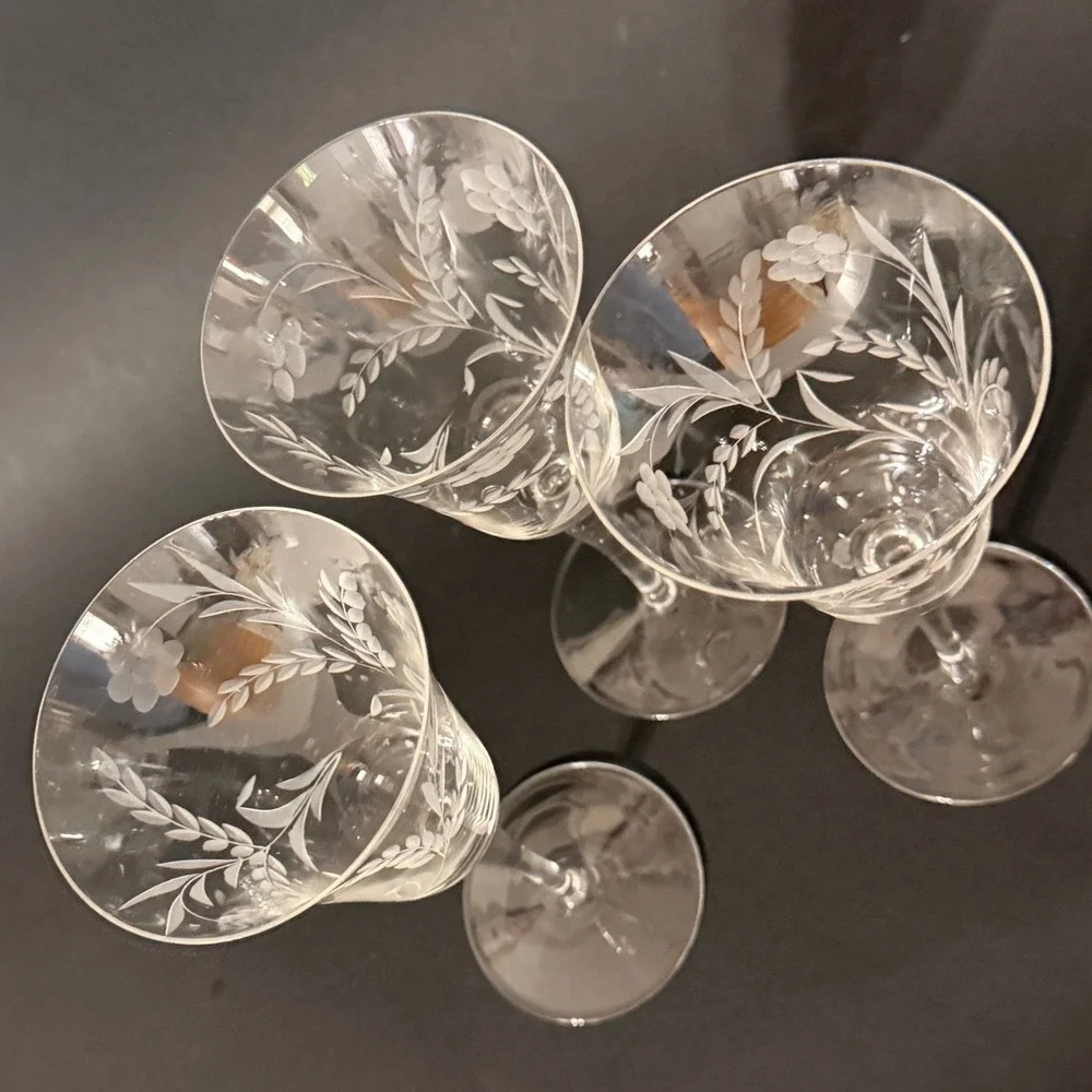 Set of 3 Vintage Gray Cut Floral Wheat Crystal Wine Glasses Long Stem 7.75in